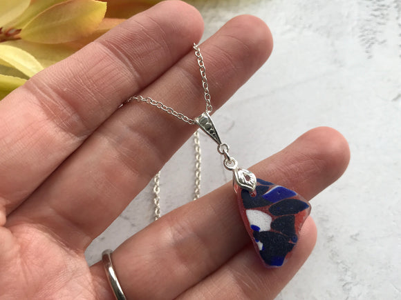 Scottish Spatter Sea Glass Necklace, Multi Colour Red White Blue