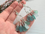 Japanese Sea Glass Chandelier Earrings, Sterling Silver Green Aqua Ombre