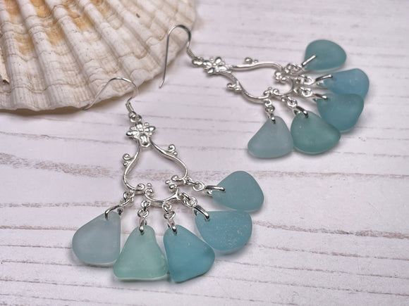 Japanese Sea Glass Chandelier Earrings, Sterling Silver Green Aqua Ombre