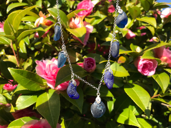 Spanish Blue Bonfire Sea Glass Necklace 22” Sterling