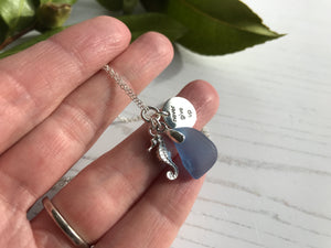 Blue Sea Glass Necklace, Seahorse & Never Give Up Charm