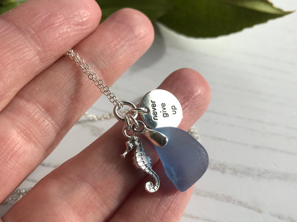 Blue Sea Glass Necklace, Seahorse & Never Give Up Charm