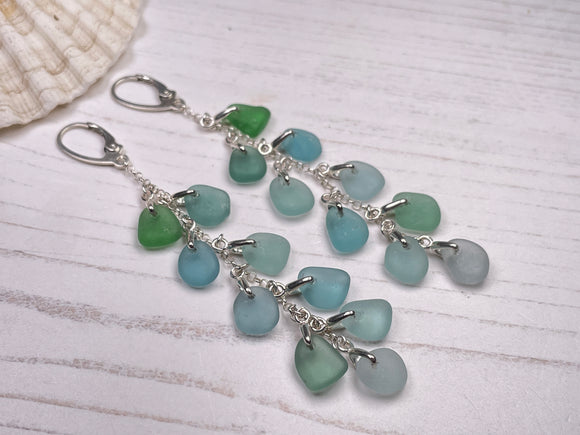 Japanese Sea Glass Cascade Earrings, Sterling Silver Green Aqua Ombre Chandeliers