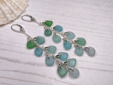Japanese Sea Glass Cascade Earrings, Sterling Silver Green Aqua Ombre Chandeliers