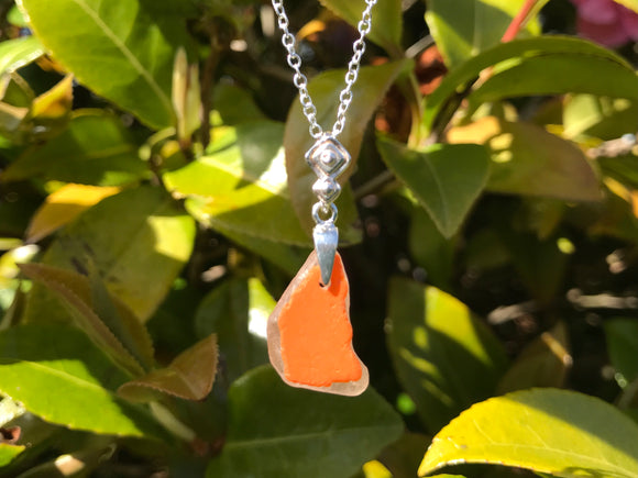 Scottish Layered Orange Flash Sea Glass Necklace Sterling Silver