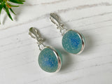 Sea Glass Marble Earrings - Clip on - Non pierced Blue Cat's Eyes