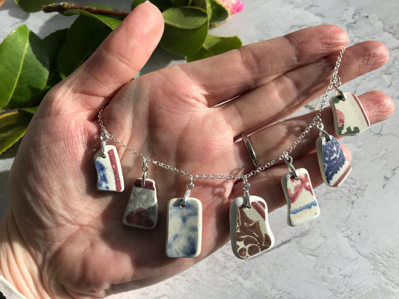 Sea Pottery Red Blue Pattern Necklace 18” Sterling Silver