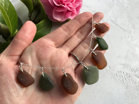 Mermaids Tears - Green Brown Scottish Sea Glass Necklace, Sterling Silver 18