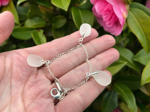 Scottish White Sea Glass  3 Pendants - Sterling Silver bracelet 7”