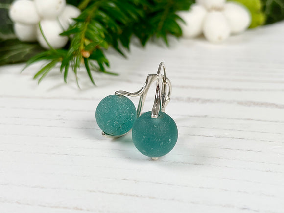 Japanese Dark Aqua Sea Glass Marble Earrings, Leverback Sterling Silver