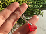 Red Sea Glass Necklace,  rare beach glass pendant with floral setting