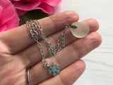 White Seaham Sea Glass Bracelet - Snowflake Charm 7” plus 1” Sterling