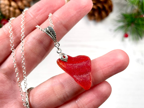 Large Red Sea Glass Necklace, Amberina Heart Pendant