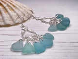 Japanese Sea Glass Chandelier Earrings, Sterling Silver Green Aqua Ombre