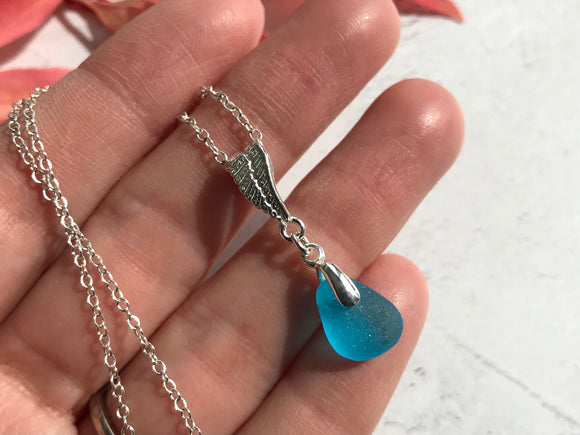 Turquoise Sea Glass Pendant - Sterling Silver Feather Design