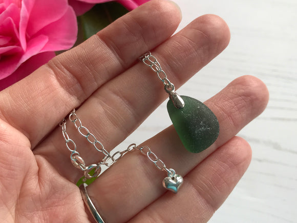 Green Seaham Sea Glass Bracelet - Heart Charm 7” plus 1” Sterling