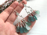 Japanese Sea Glass Chandelier Earrings, Sterling Silver Green Aqua Ombre