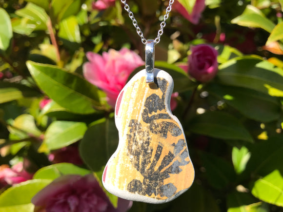 XL Yellow Black Flower Scottish Sea Pottery Pendant