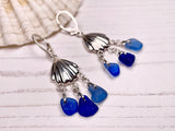 Blue Mix Sea Glass Shell Chandelier Earrings, Sterling Silver