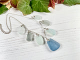 Pastel Blue Grey Opalescent Shades Sea Glass Necklace - 22' Sterling Silver
