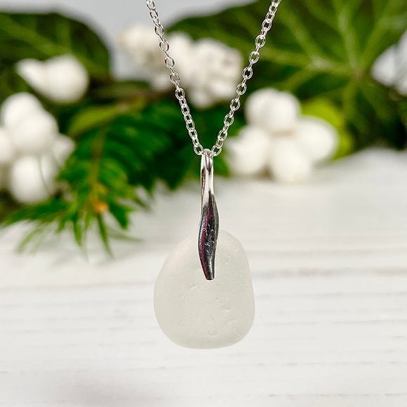 Mini Sea Glass Pendant - Sterling Silver and White Petite Beach Glass Necklace
