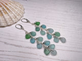 Japanese Sea Glass Cascade Earrings, Sterling Silver Green Aqua Ombre Chandeliers