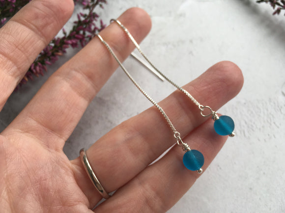 Sea glass bead earrings - turquoise - sterling silver threader earrings