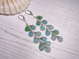 Japanese Sea Glass Cascade Earrings, Sterling Silver Green Aqua Ombre Chandeliers