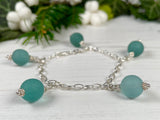 Japanese Sea Glass Marble Bracelet, Sterling Silver 7", teal aqua sea foam