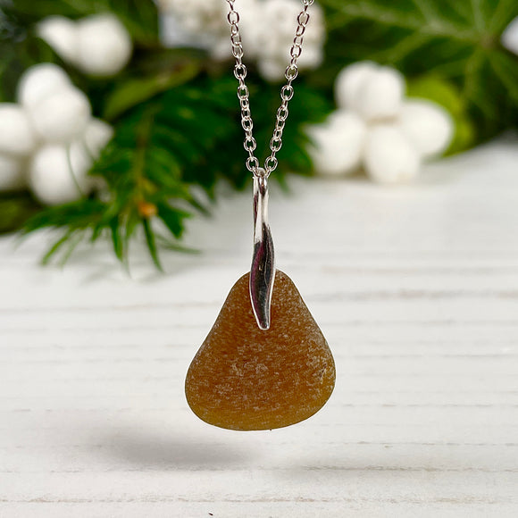 Mini Sea Glass Pendant - Sterling Silver and Brown Petite Beach Glass Necklace