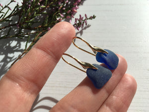 Spanish Sea Glass - Blue Gold Wave Design Earrings