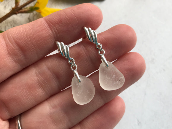 Angel Wing Studs - White Sea Glass And Sterling Silver