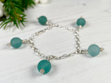 Japanese Sea Glass Marble Bracelet, Sterling Silver 7", teal aqua sea foam