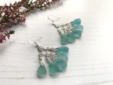 Japanese Sea Glass Chandelier Earrings, Sterling Silver Green Aqua Ombre