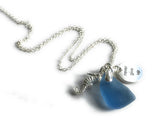 Blue Sea Glass Necklace, Seahorse & Never Give Up Charm