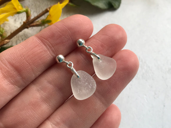 Studs - White Sea Glass And Sterling Silver