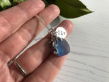 Blue Sea Glass Necklace, Seahorse & Never Give Up Charm