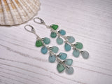 Japanese Sea Glass Cascade Earrings, Sterling Silver Green Aqua Ombre Chandeliers