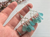 Japanese Sea Glass Chandelier Earrings, Sterling Silver Green Aqua Ombre