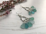 Japanese Sea Glass Chandelier Earrings, Sterling Silver Green Aqua Ombre