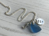 Blue Sea Glass Necklace, Seahorse & Never Give Up Charm