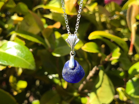 Spanish Blue Bonfire Sea Glass Necklace Sterling