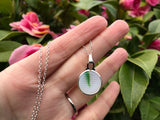 Japanese Sea Glass Ohajiki, Flat Marble Necklace, opalescent white green