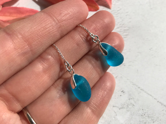 Turquoise Sea Glass Earrings - Sterling Silver Threader Design