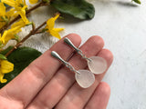 White Sea Glass Sterling Silver Earrings - clip on, clip-ons non pierced dangling