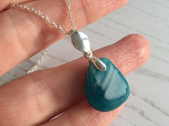 Electric Turquoise White Stripes Sea Glass Necklace