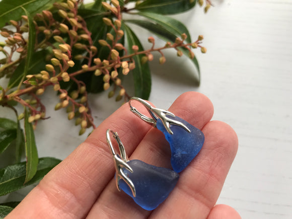 Blue Scottish Sea Glass Earrings on Leverback Design Sterling Silver