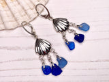 Blue Mix Sea Glass Shell Chandelier Earrings, Sterling Silver