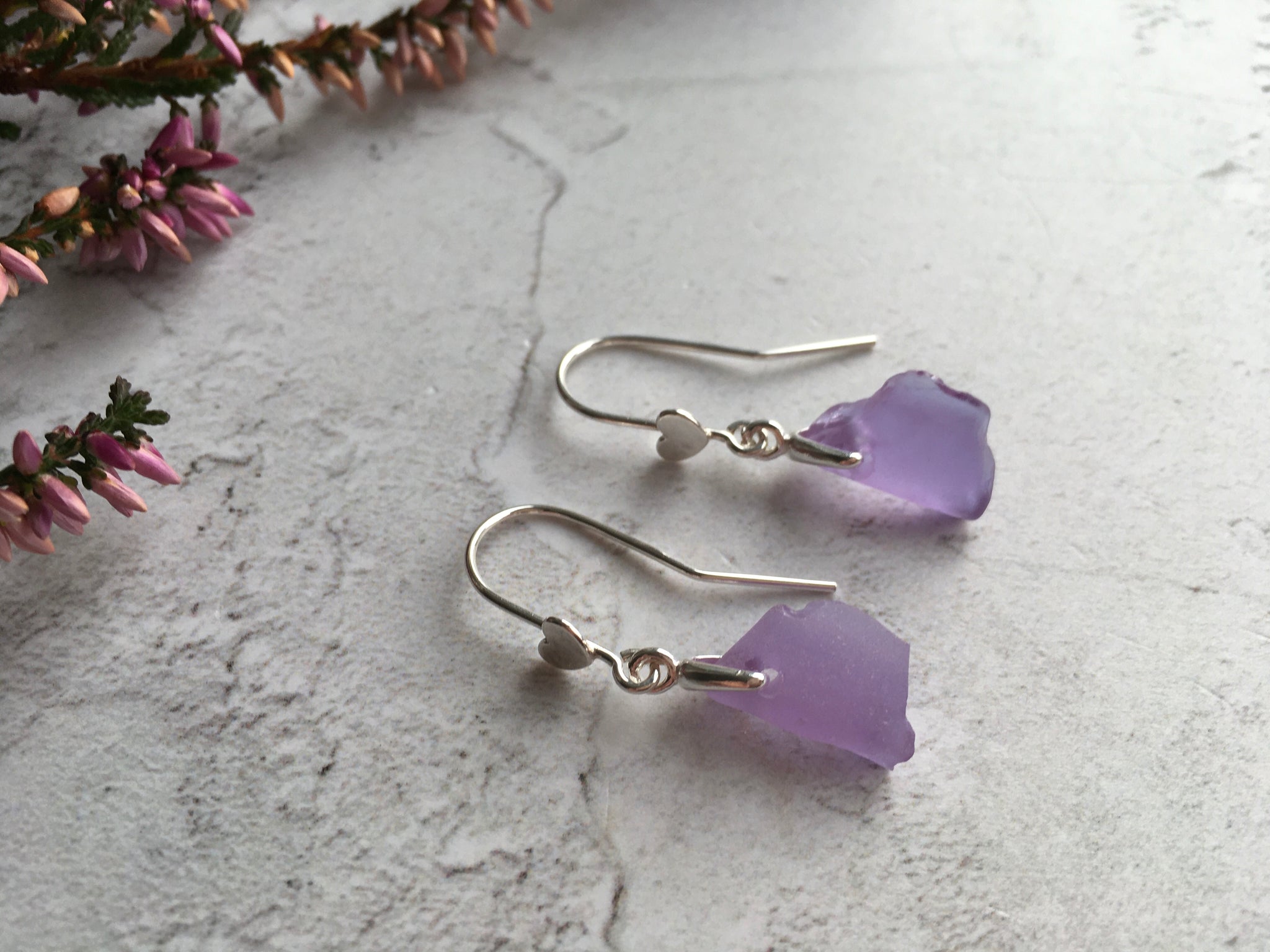 Purple Sea Glass Earrings Heart Shaped Colour Changing Neodymium