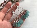 Japanese Sea Glass Chandelier Earrings, Sterling Silver Green Aqua Ombre